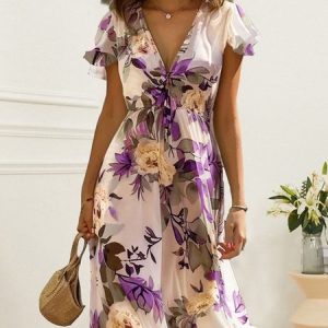 Women Floral V Neck Short Sleeve Comfy Elegant Lace-up Midi Dress, Midi, color:Purple|size:XXL, catalog Noracora shop