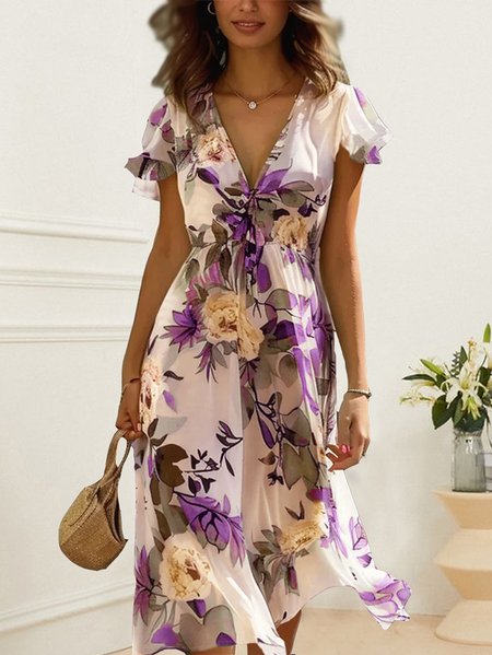 Ruffled Sleeves Elegant Floral Regular Fit Dress, JustFashionNow Dresses, color:Purple|size:XXL,