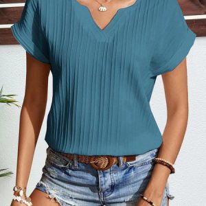 V Neck Short Sleeve Plain Regular Regular Fit Shirt For Women, Blouses, color:Blue|size:XXL, catalog Noracora shop