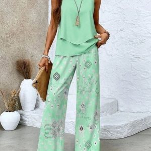 Women Ethnic Square Neck Sleeveless Comfy Casual Folds Top With Pants Two-Piece Set, Sets, color:Green|size:XXL, catalog Noracora shop