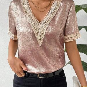 V Neck Short Sleeve Plain Glitter Regular Loose Shirt For Women, Blouses, color:Golden|size:XXL, catalog Noracora shop