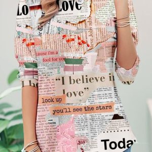 Casual Letter Pattern Crew Neck Long Sleeve T-shirt, T-shirts, color:Pink|size:XXL, catalog Noracora shop