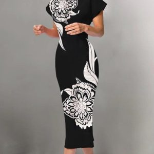 Urban Floral Bodycon Dress, Maxi Dresses, color:Black|size:XXL, Stylewe