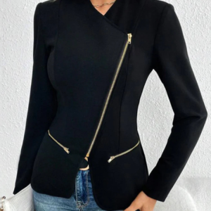 Women's Plain Zipper Regular Loose Jacket, Outerwear, color:Black|size:3XL, catalog Noracora shop