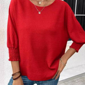 Crew Neck Three Quarter Sleeve Plain Regular Micro-Elasticity Loose Blouse For Women, Blouses, color:Red|size:XXL, catalog Noracora shop
