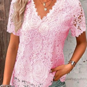 V Neck Short Sleeve Plain Regular Micro-Elasticity Loose Shirt For Women, Blouses, color:Pink|size:5XL, catalog Noracora shop
