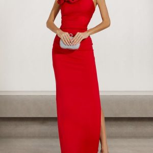 Women Plain Turtleneck Sleeveless Comfy Sexy Maxi Dress, Dresses, color:Red|size:L, catalog Noracora shop