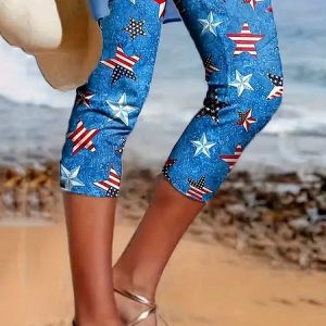 Casual America Flag Text Letters Capris Leggings, Leggings, color:Blue|size:XXL, catalog Noracora shop