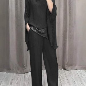 Women Color Block V Neck Half Sleeve Comfy Casual Glitter Top With Pants Two-Piece Set, Sets, color:Black|size:5XL, catalog Noracora shop