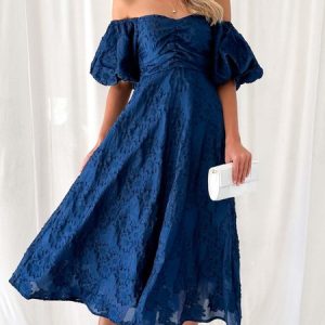 Women Plain Boat Neck Short Sleeve Comfy Casual Maxi Dress, Dresses, color:Purplish blue|size:XL, catalog Noracora shop