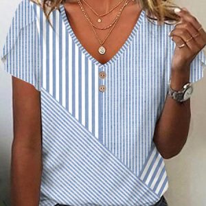 Casual Abstract Stripes V Neck Short Sleeve T-shirt, T-shirts, color:Blue|size:XXL, catalog Noracora shop