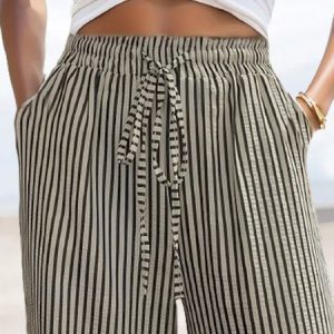 Casual Striped Long Elastic Waist Pocket Stitching Pant, Pants, color:Black-white|size:XXL, catalog Noracora shop