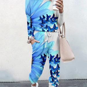 Women Floral Crew Neck Long Sleeve Comfy Casual Top With Pants Two-Piece Set, Sets, color:Blue|size:5XL, catalog Noracora shop