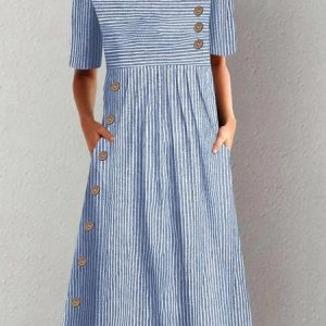 Women Striped Crew Neck Short Sleeve Comfy Casual Buckle Midi Dress, Dresses, color:Blue|size:XXL, catalog Noracora shop