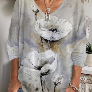 Casual Floral V Neck Long Sleeve T-shirt, T-shirts, color:Khaki|size:XXL, catalog Noracora shop