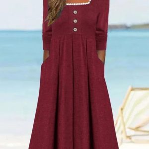 Women Plain Square Neck Long Sleeve Comfy Casual Buckle Maxi Dress, Dresses, color:Wine Red|size:3XL, catalog Noracora shop