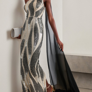 Women Abstract Stripes One Shoulder Sleeveless Comfy Vacation Glitter Maxi Dress, Dresses, color:Black|size:XL, catalog Noracora shop