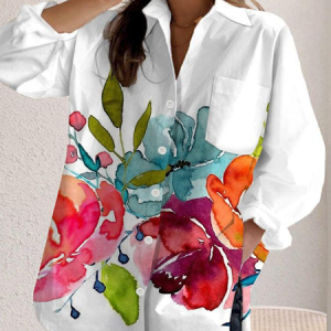 Shirt Collar Long Sleeve Floral Regular Loose Shirt For Women, Shirts, color:White|size:XXL, catalog Noracora shop