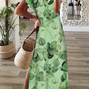 Casual Loose Leaf Printed V Neck Dress, Maxi, color:Green|size:XXL, catalog Noracora shop