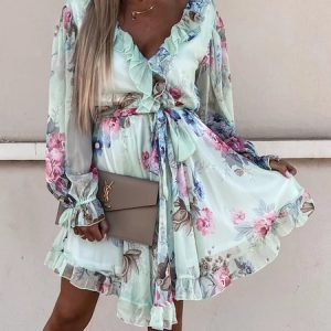 Women Floral V Neck Long Sleeve Comfy Casual Short Dress, Short, color:Green|size:XL, catalog Noracora shop