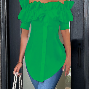 Plus Size Elegant Cold Shoulder Short Sleeve Regular Fit Plain Blouse, Plus Tops, color:Green|size:4X, Stylewe