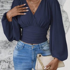 V Neck Long Sleeve Plain Regular Loose Blouse For Women, Blouses, color:Navyblue|size:XXL, catalog Noracora shop