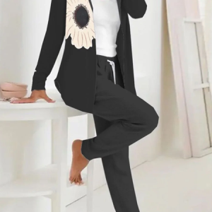 Women Floral Hoodie Long Sleeve Comfy Casual Coat With Pants Two-Piece Set, Sets, color:Black|size:XXL, catalog Noracora shop