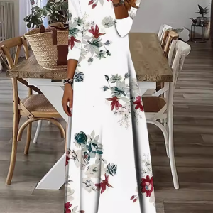 Women Floral Crew Neck Long Sleeve Comfy Casual Maxi Dress, Dresses, color:White|size:XL, catalog Noracora shop