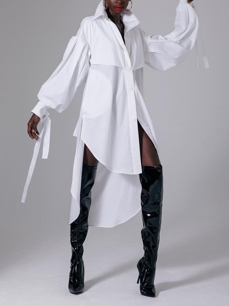 Shirt Collar Pocket Stitching Loose Balloon Sleeve Urban Shirt Midi Dress, Midi Dresses, color:White|size:XXL, Stylewe