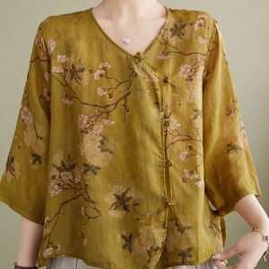 V Neck Raglan Sleeves Three Quarter Sleeve Floral Regular Loose Blouse For Women, Blouses, color:Yellow|size:S, catalog Noracora shop