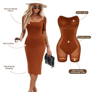 Short Sleeve Bodycon Midi Dress BUILT-IN SHAPEWEAR Square Neck Slim Fit Casual Dresses, women Bodycon Dresses, ChicMe catalog