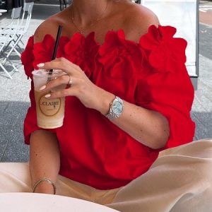Elegant 3D Floral Cold-Shoulder Loose Shirt, Blouses and Shirts, color:Red|size:XXL, Stylewe