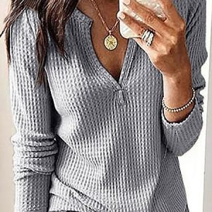Women Plain Casual V neck Micro-Elasticity Vintage Solid Long Sleeve Top, Blouses, color:Light Gray|size:5XL, catalog Noracora shop