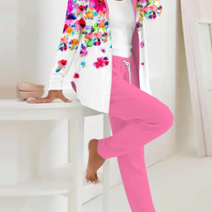 Women Floral Hoodie Long Sleeve Comfy Casual Coat With Pants Two-Piece Set, Sets, color:Pink|size:XXL, catalog Noracora shop