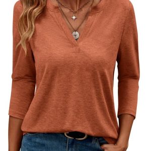 V Neck Long Sleeve Plain Regular Medium Elasticity Loose Blouse For Women, Blouses, color:Orange Red|size:XXL, catalog Noracora shop
