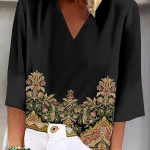 V Neck Three Quarter Sleeve Floral Regular Loose Blouse For Women, Blouses, color:Black|size:3XL, catalog Noracora shop