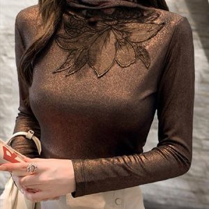 Elegant Tight Floral Turtleneck Long Sleeve T-Shirt, Tees, color:Coffee|size:XXL, Stylewe