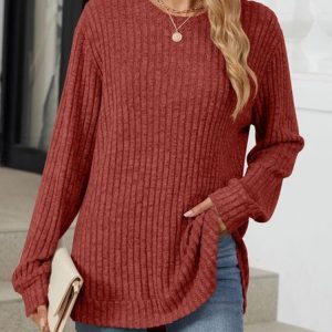 Crew Neck Long Sleeve Plain Regular Micro-Elasticity Loose Blouse For Women, T-shirts, color:Brick Red|size:XXL, catalog Noracora shop