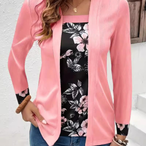 Square Neck Long Sleeve Floral Regular Loose Mock Two-Piece Blouse For Women, Blouses, color:Pink|size:XXL, catalog Noracora shop