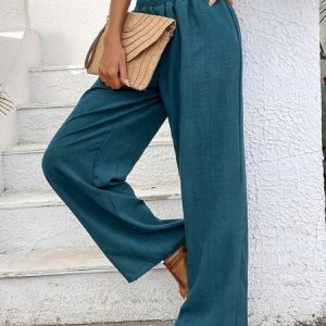 Casual Solid Slant Pocket Wide Leg Pants, Pants, color:Green|size:XXL, catalog Noracora shop