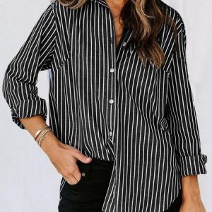 Shirt Collar Long Sleeve Striped Regular Loose Blouse For Women, Shirts, color:Black|size:XXL, catalog Noracora shop