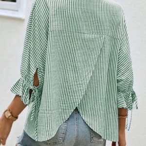 Shawl Collar Three Quarter Sleeve Striped Cross Regular Loose Blouse For Women, Blouses, color:Green|size:L, catalog Noracora shop