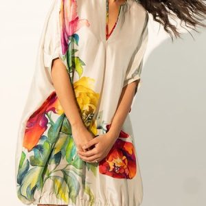 Floral V Neck Vacation Half Sleeve Loose Dress, Mini Dresses, color:As Picture|size:XXL, Stylewe