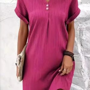 Women's Short Sleeve Summer Plain Buckle Dress V Neck Daily Going Out Casual Mini A-Line Green, JustFashionNow Dresses, color:Deep Pink|size:3XL,