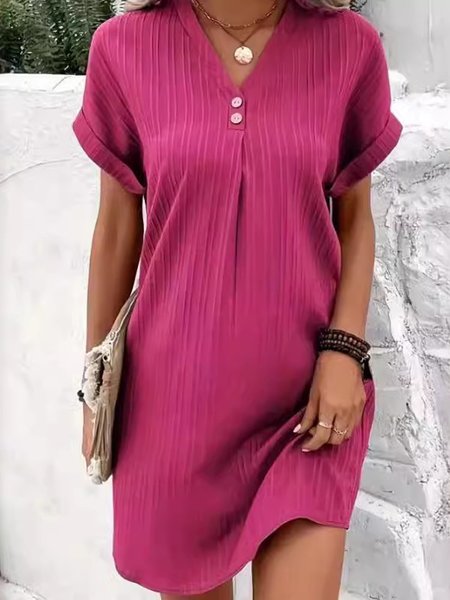 Women's Short Sleeve Summer Plain Buckle Dress V Neck Daily Going Out Casual Mini A-Line Green, JustFashionNow Dresses, color:Deep Pink|size:3XL,