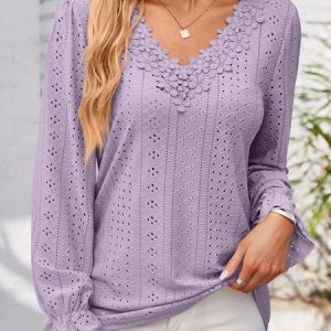 V Neck Long Sleeve Plain Regular Regular Fit Shirt For Women, Blouses, color:Purple|size:XXL, catalog Noracora shop