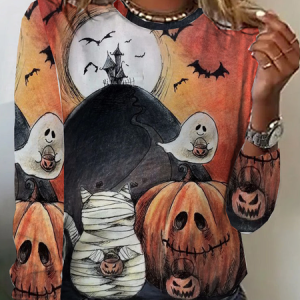 Casual Halloween Crew Neck Long Sleeve T-shirt, T-shirts, color:Orange|size:XXL, catalog Noracora shop
