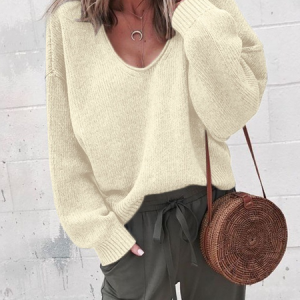 Women Yarn/Wool Yarn Plain Long Sleeve Comfy Casual Sweater, Sweaters, color:Off White|size:XXL, catalog Noracora shop