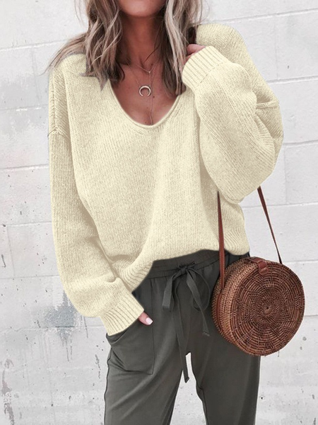 Women's Spring/Fall Plain Casual Long Sleeve V Neck Yarn/Wool Yarn Sweater, JustFashionNow Sweaters, color:Off White|size:XXL,