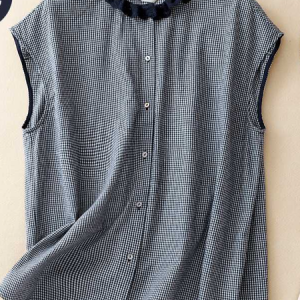 Crew Neck Sleeveless Plaid Regular Loose Blouse For Women, Tanks & Camis, color:Blue|size:XXL, catalog Noracora shop